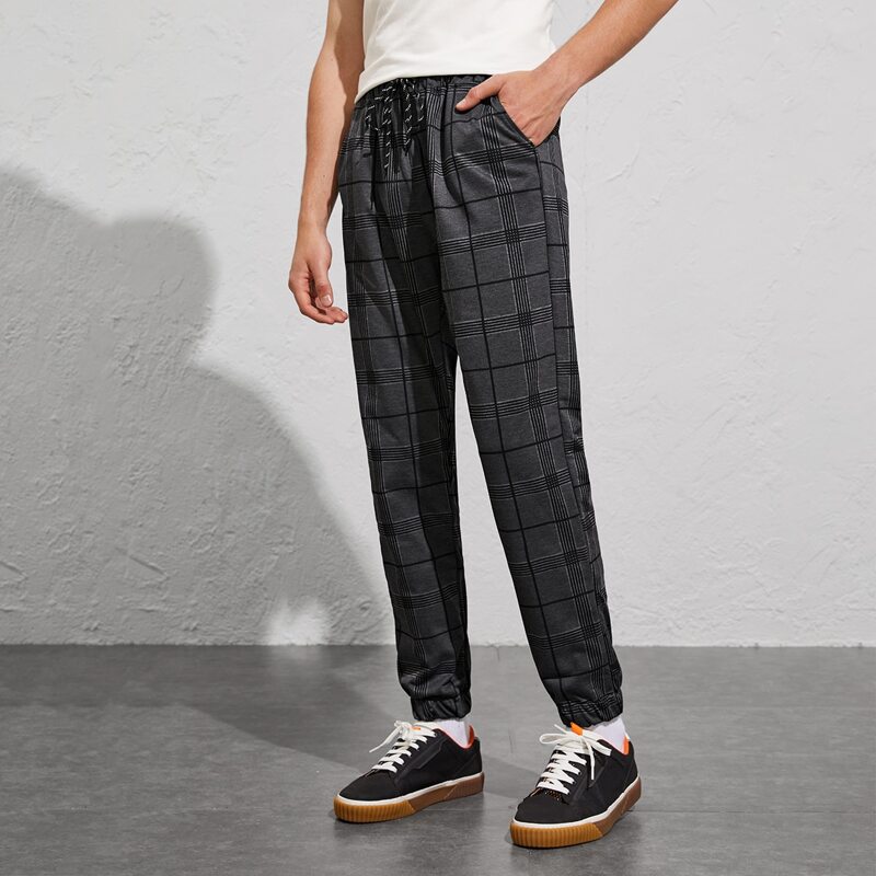

Guys Drawstring Waist Plaid Pants, Dark grey