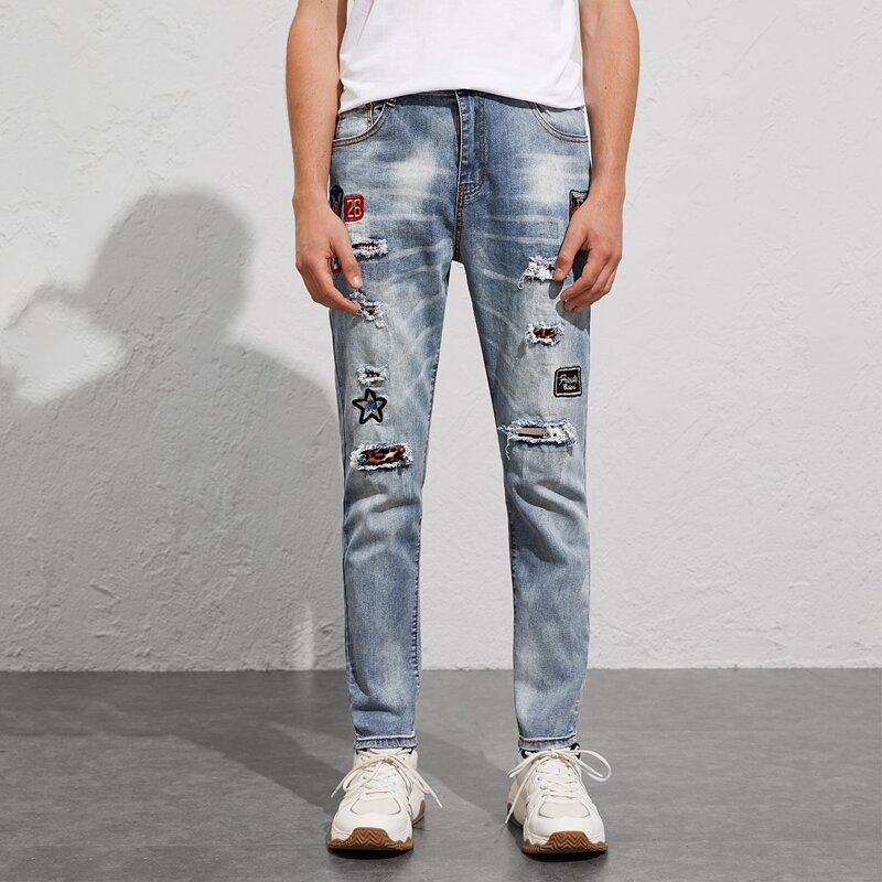 

Guys Letter Patched Ripped Jeans, Blue