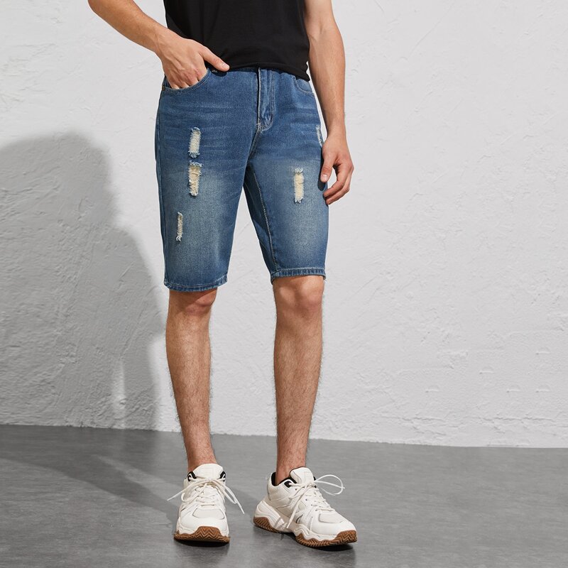 

Guys Button Waist Ripped Denim Shorts, Blue
