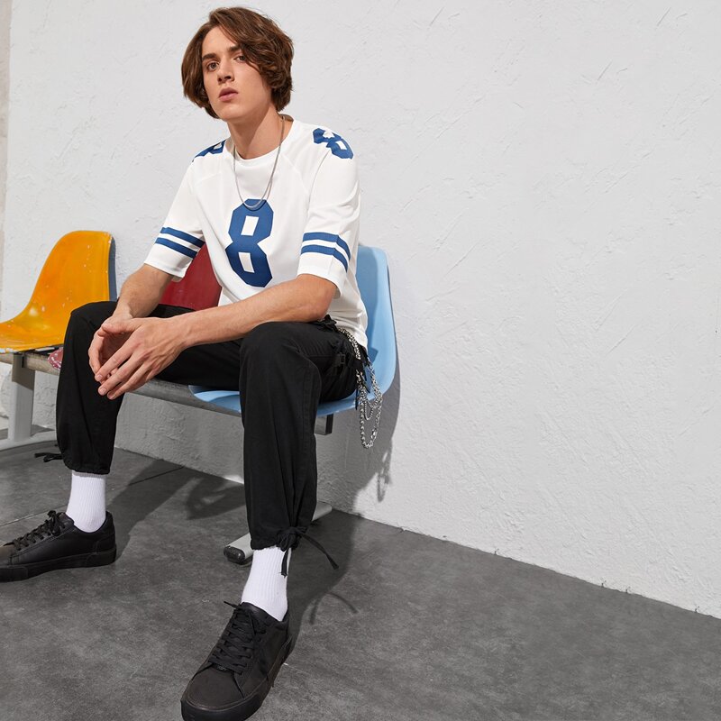 

Guys Raglan Sleeve Letter & Striped Print Tee, White