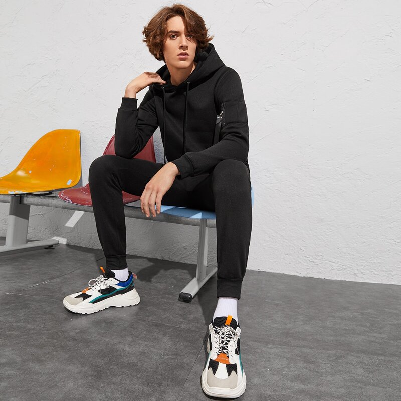 

Guys Letter Ribbon Drawstring Hoodie & Sweatpants, Black