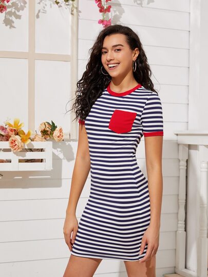 فستان ستايل تي شيرت بشريط ومخطط مصحح بجيب