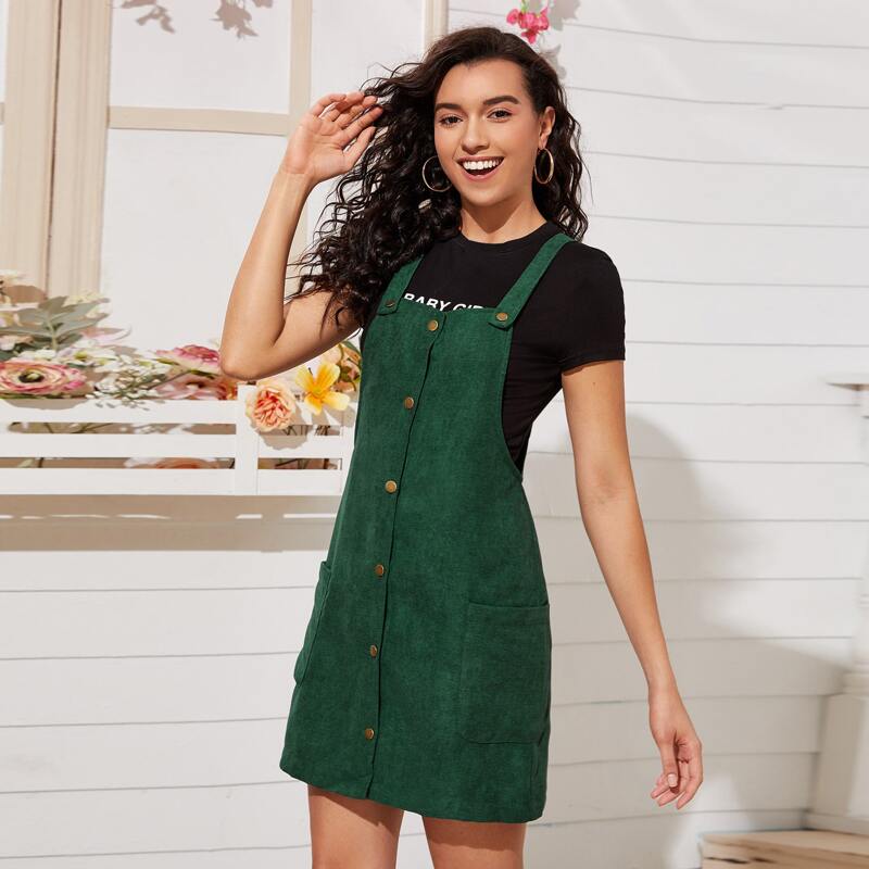 

Button Front Pocket Patched Corduroy Pinafore Dress, Green