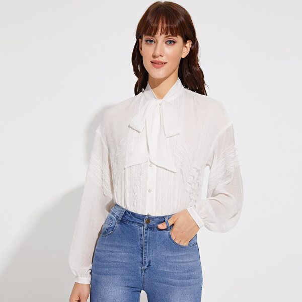 

Tie Neck Lace Trim Blouse, White