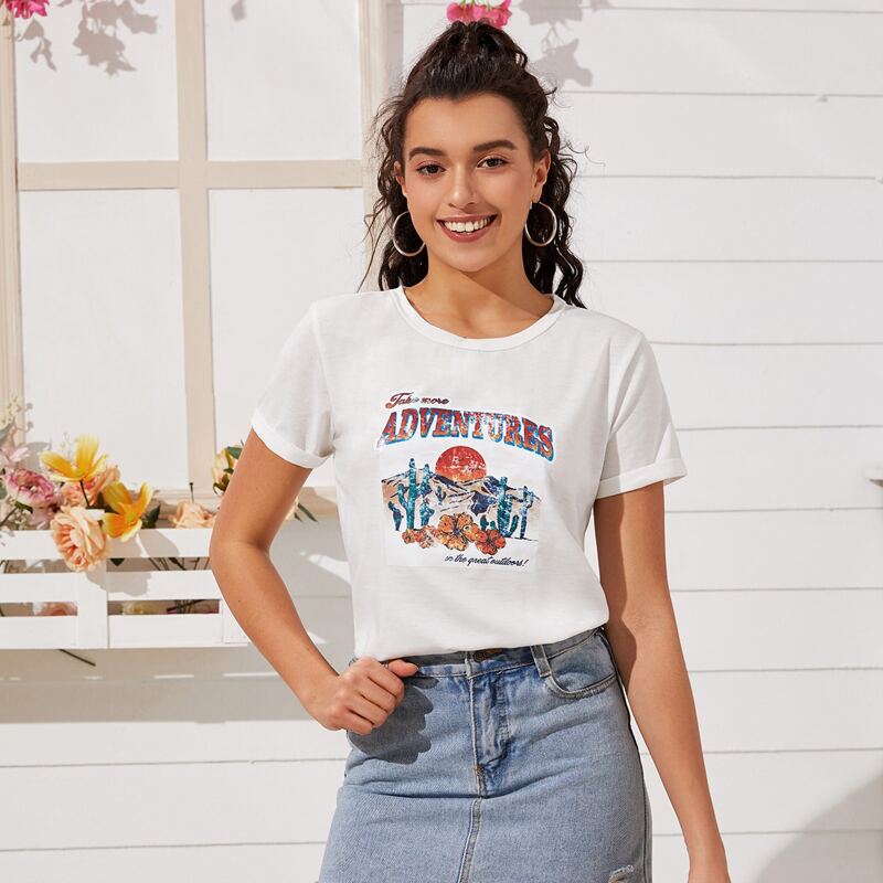 

Letter & Plants Graphic Rolled Cuff Tee, White