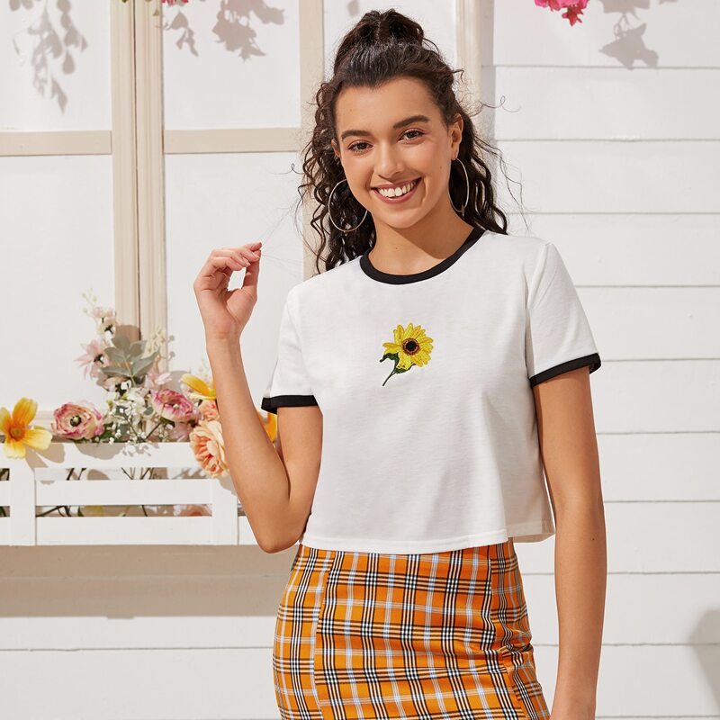 

Embroidered Sunflower Ringer Tee, White