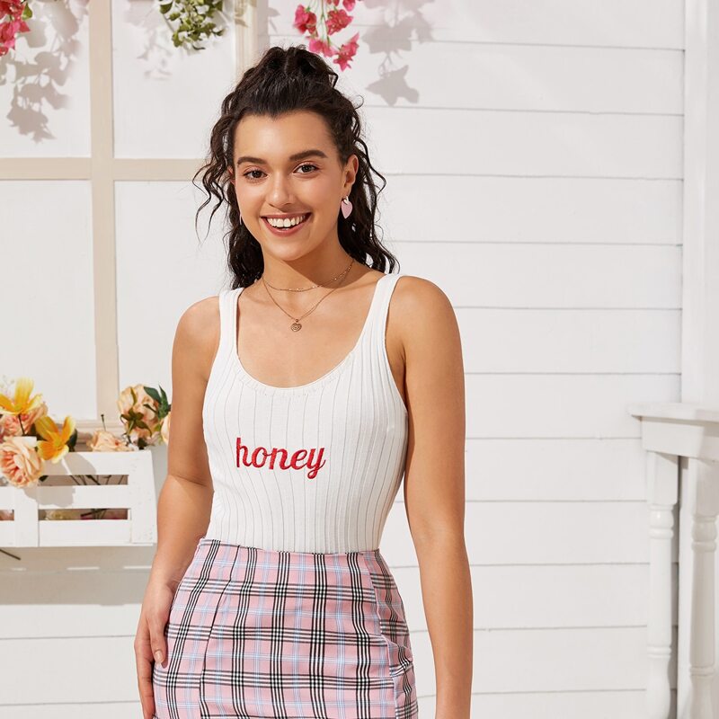 

Letter Embroidered Ribbed Knit Top, White