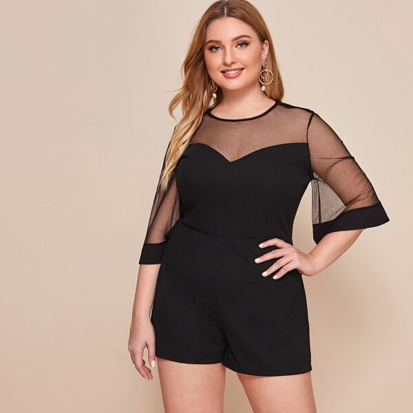 

Plus Zipper Back Sheer Mesh Insert Romper, Black