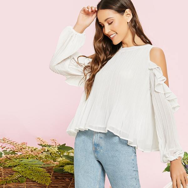 

Ruffle Cold Shoulder Pleated Long Sleeve Blouse, White