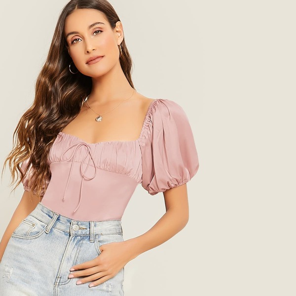 

Short Puff Sleeve Ruched Bust Bodysuit, Pink