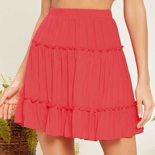 

Elastic Waist Shirred Flared Mini Skirt, Red