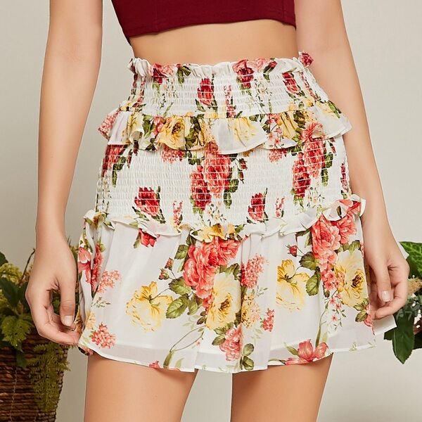 

Floral Smocked Mini Skirt With Ruffles, White