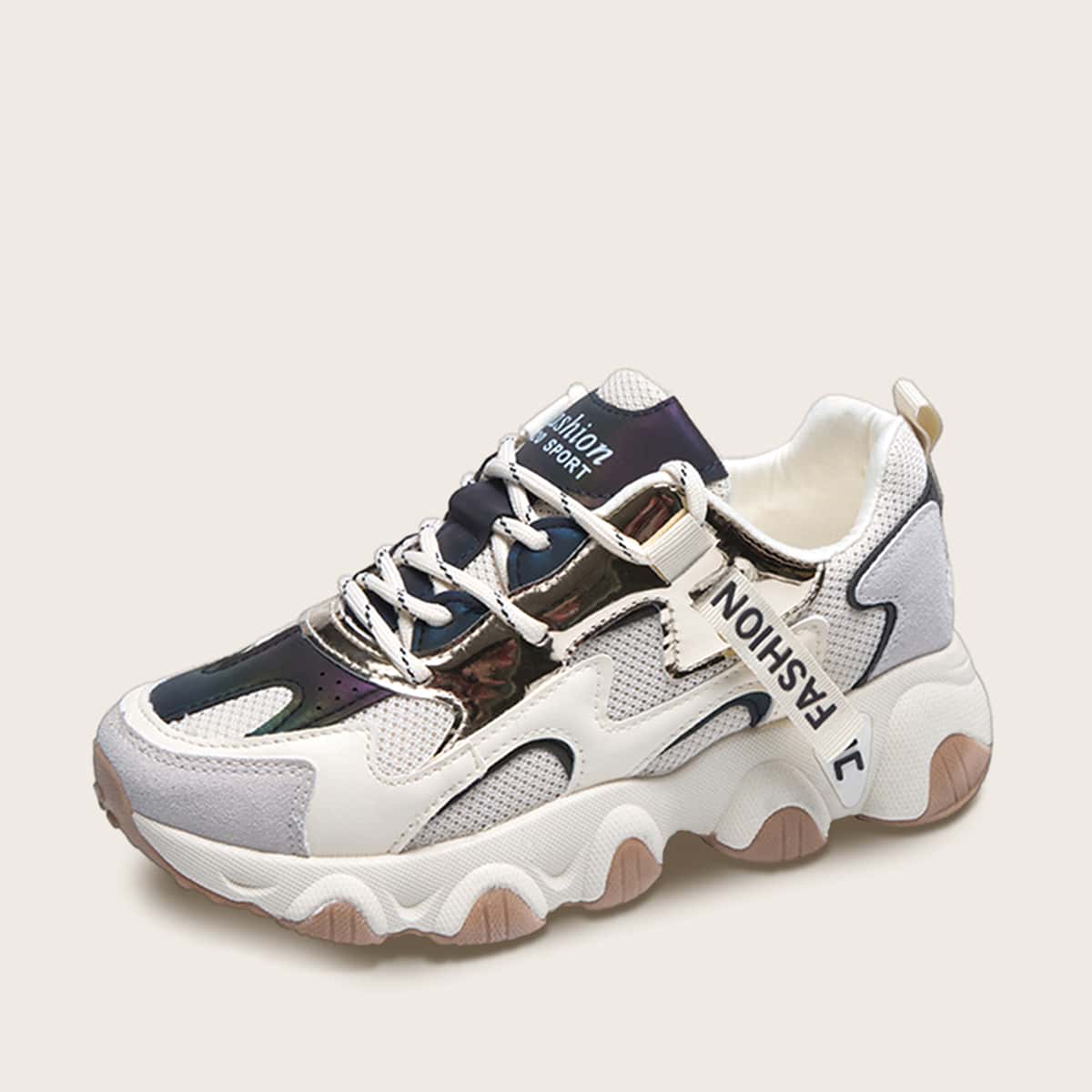 

PU Panel Lace-up Chunky Sneakers, Black and white