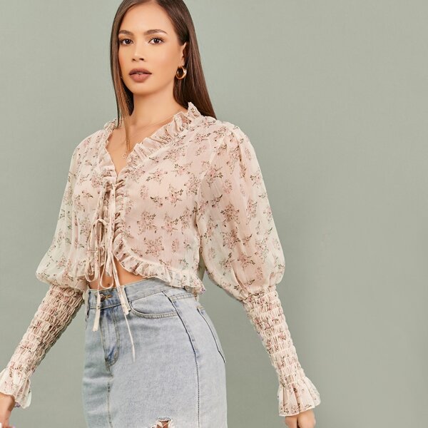 

Short Sleeve Ruffle Hem Floral Wrap Blouse, Multicolor