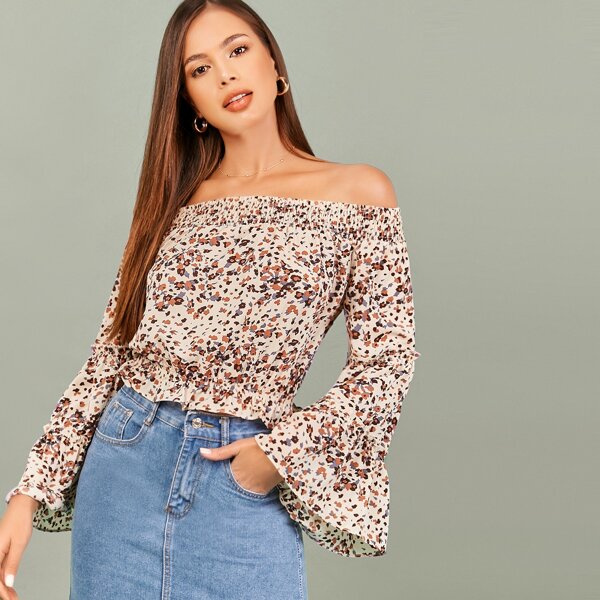 

Flared Sleeve Ruffle Off Shoulder Floral Blouse, Multicolor