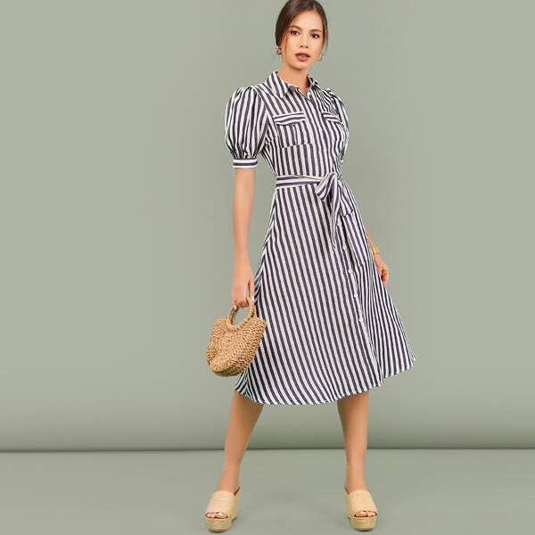 

Short Sleeve Waist Tie Stripe Midi Dress, Multicolor