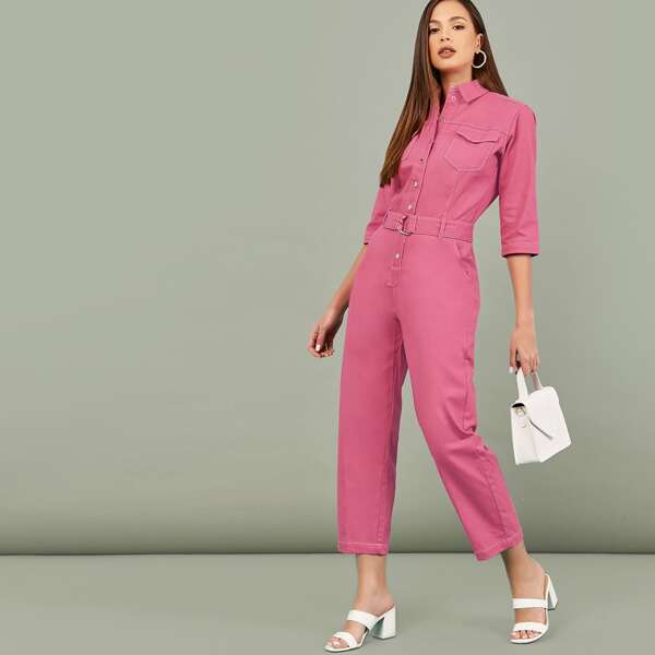 

Long Sleeve Belted Waist Button Up Denim Jumpsuit, Pink
