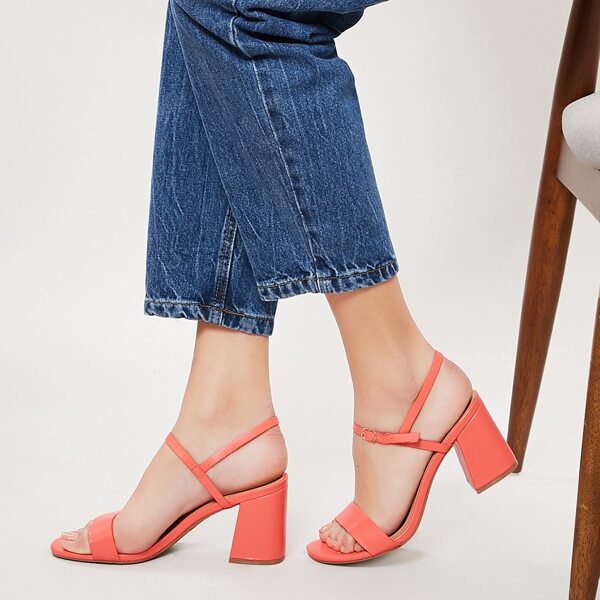 

Square Open Toe Buckled Ankle Chunky Heel Sandals, Red