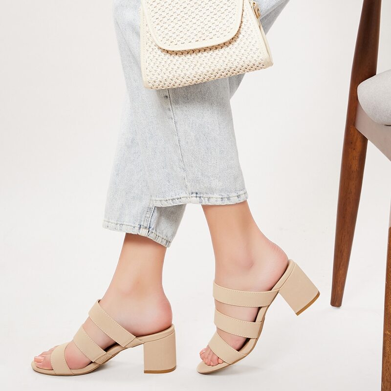 

Triple Band Low Block Heel Slide Sandals, Apricot