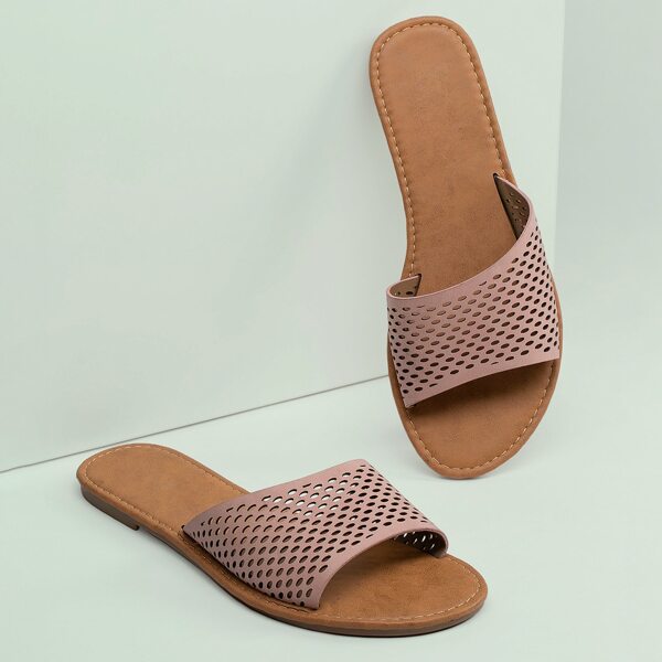 

Perforated Open Toe Band Flat Slide Sandals, Multicolor