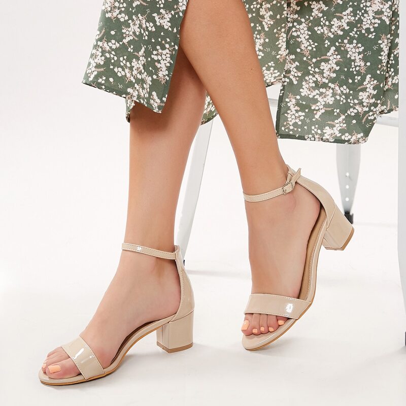 

Open Toe Ankle Strap Chunky Heel Sandals, Apricot