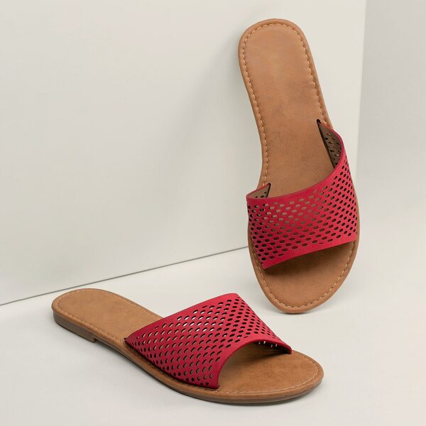 

Cut Out Open Toe Band Flat Slide Sandals, Red