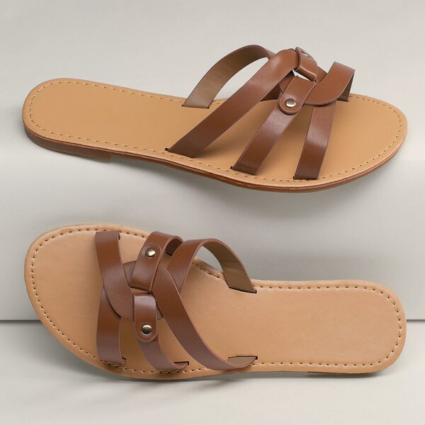 

Open Toe Linked Band Flat Slide Sandals, Brown