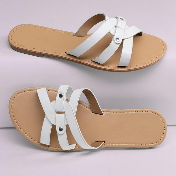 

Open Toe Looped Cut Out Band Flat Slide Sandals, White