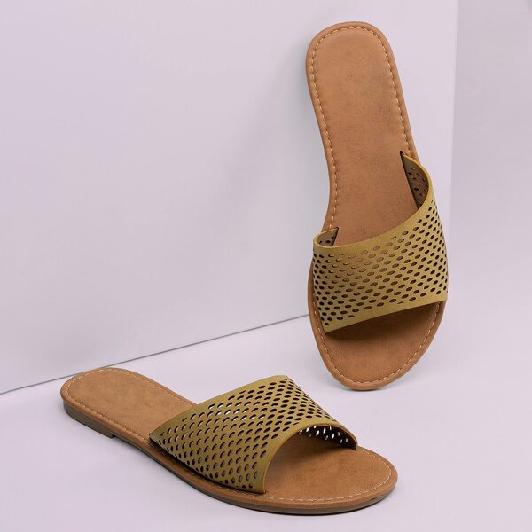 

Perforated Open Toe Band Flat Slide Sandals, Khaki
