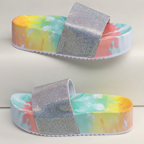 

Rhinestone Wide Band Tie Dye Flatform Sandals, Multicolor