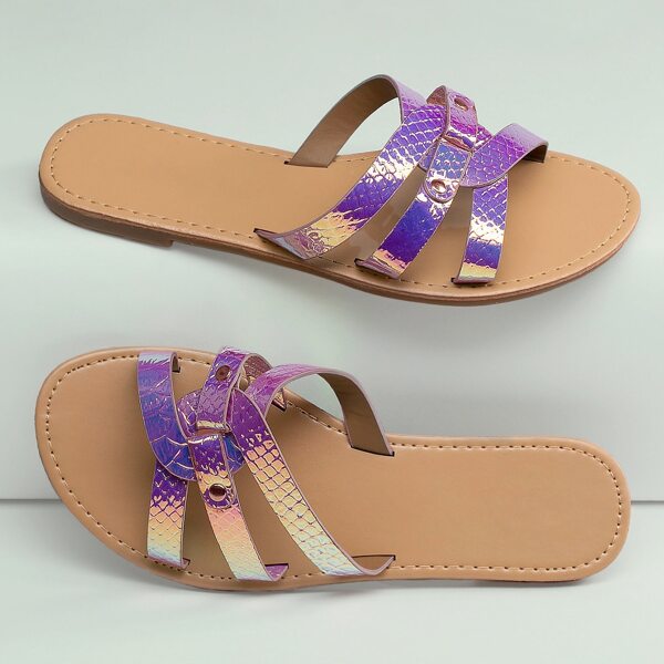 

Iridescent Open Toe Linked Band Slide Sandals, Multicolor