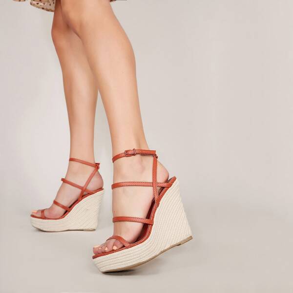 

Ankle Wrap Open Toe Platform Wedge Sandals, Red