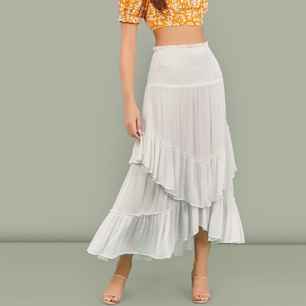 

Smocked Waist Ruffle Layered Maxi Skirt, White