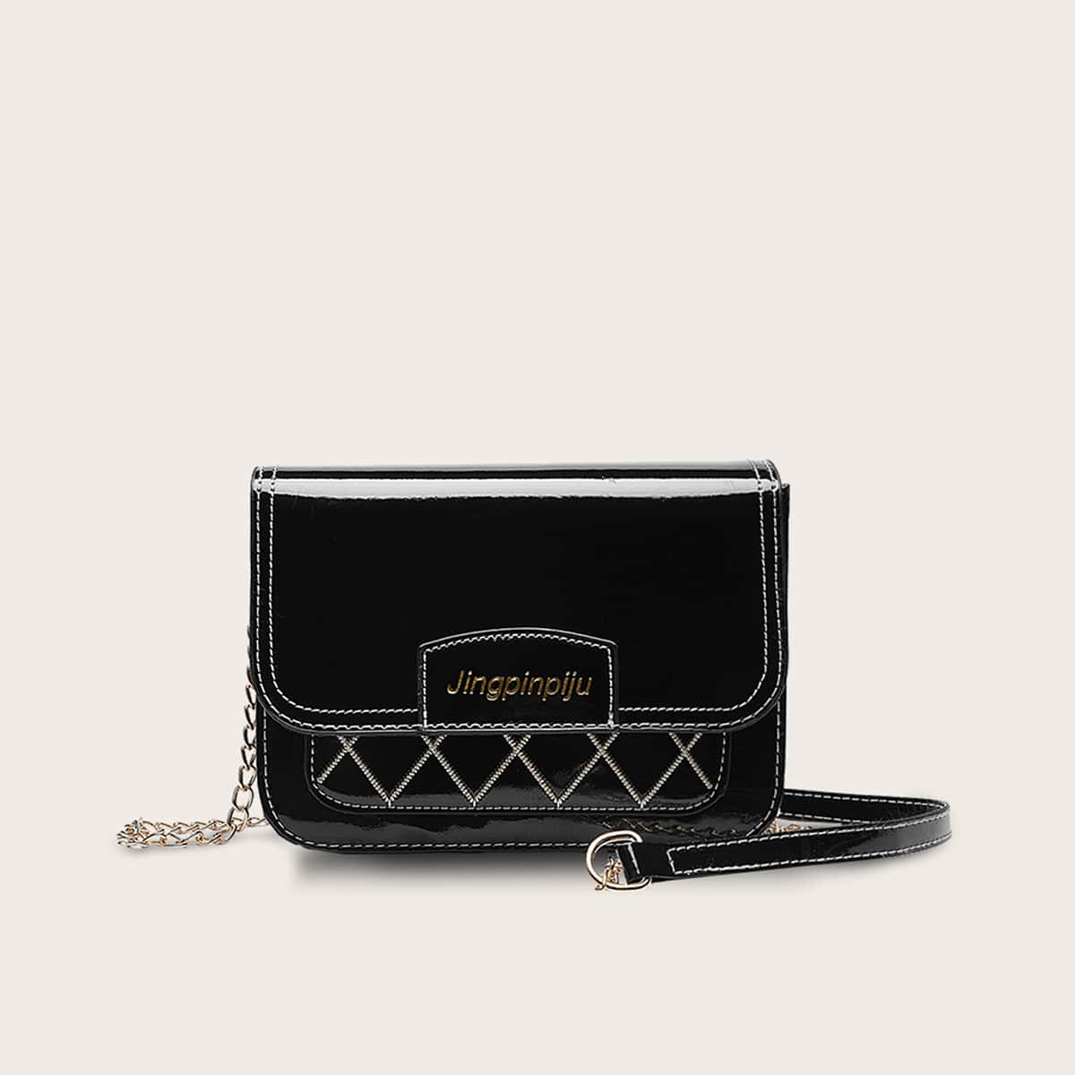 

Letter Graphic Stitch Detail Patent Crossbody Bag, Black