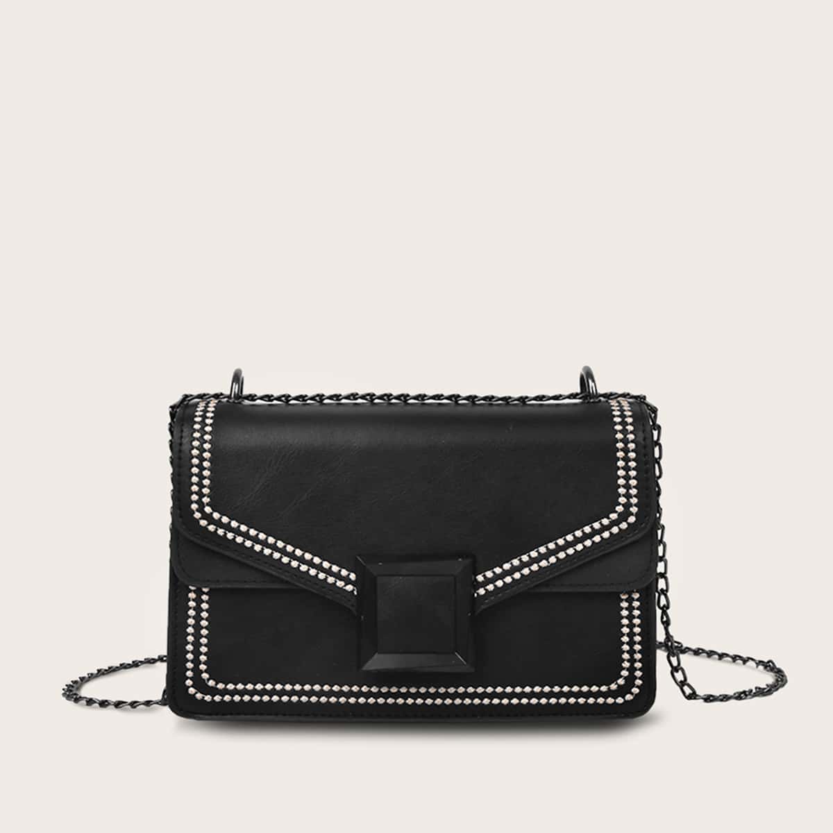 

Embroidered Detail Square Buckle Crossbody Bag, Black