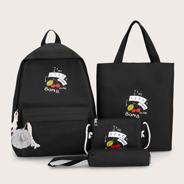 

Рюкзак с принтом вишни и пеналом 4шт, Чёрный