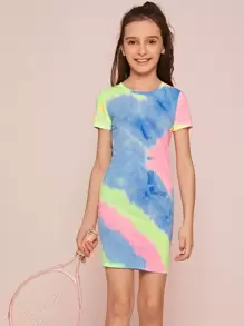 SHEIN Tween Girl Tie Dye Fitted Dress - Multicolor - View 1
