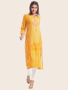 Kurta recta escote V con estampado floral - Amarillo - Ver 1