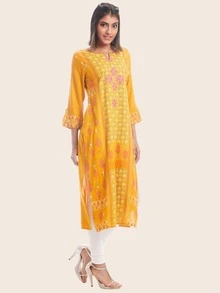 Kurta recta escote V con estampado floral - Amarillo - Ver 4