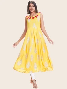 Block Print Tassel Sleeveless A-line Dress - Yellow - View 1