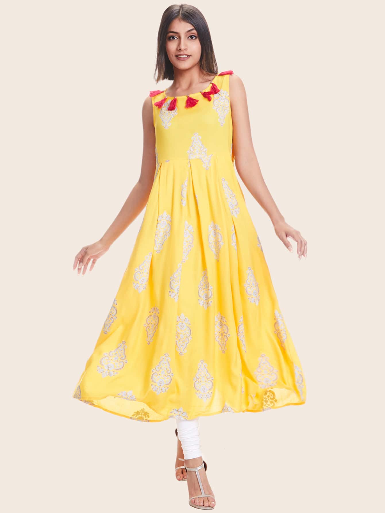 Block Print Tassel Sleeveless A-line Dress - Yellow - View 1