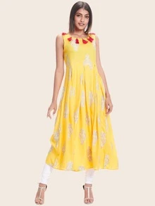 Block Print Tassel Sleeveless A-line Dress - Yellow - View 3