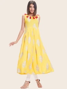 Block Print Tassel Sleeveless A-line Dress - Yellow - View 4