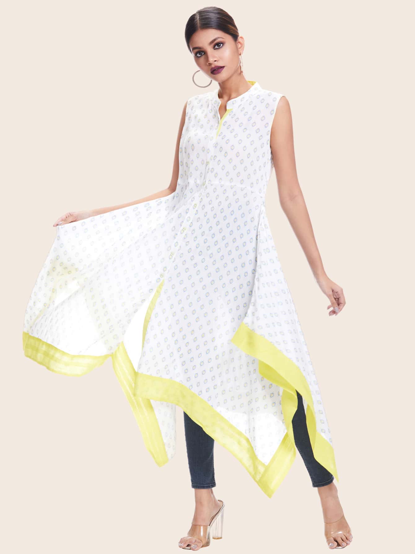 Kurta línea A sin manga de borde grabado - Blanco - Ver 1