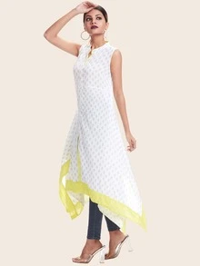 Kurta línea A sin manga de borde grabado - Blanco - Ver 4