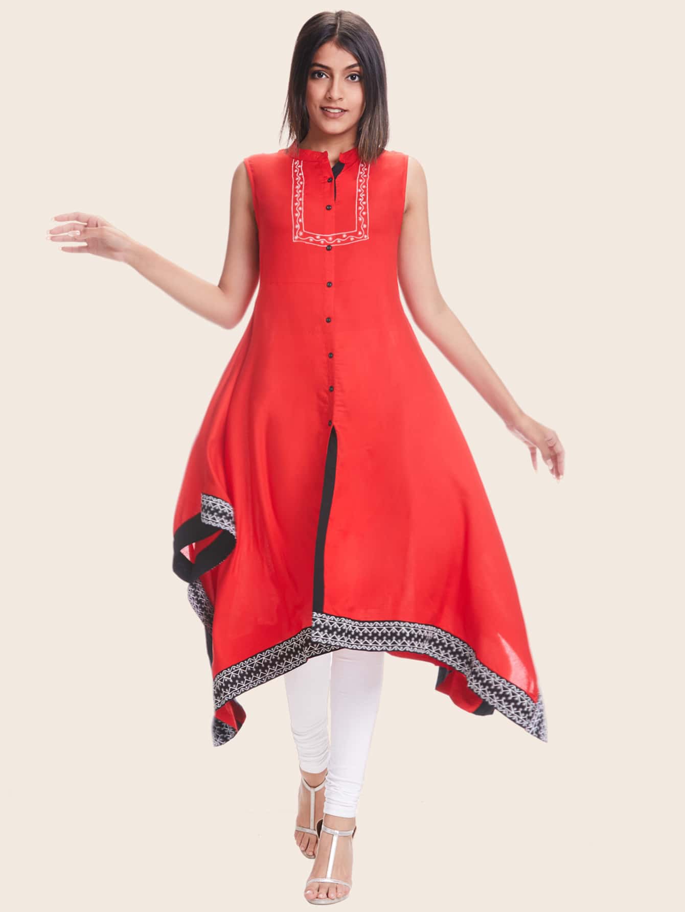 Taping Border Sleeveless A-line Kurta - Red - View 1