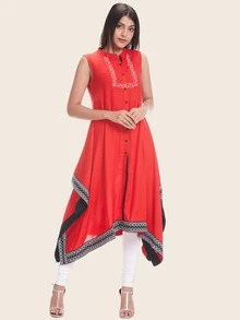 Taping Border Sleeveless A-line Kurta - Red - View 3