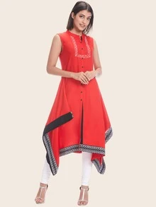 Taping Border Sleeveless A-line Kurta - Red - View 4