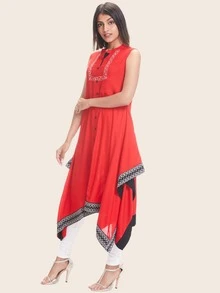 Taping Border Sleeveless A-line Kurta - Red - View 5