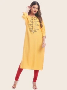 Kurta recta con bordado tribal - Amarillo - Ver 1